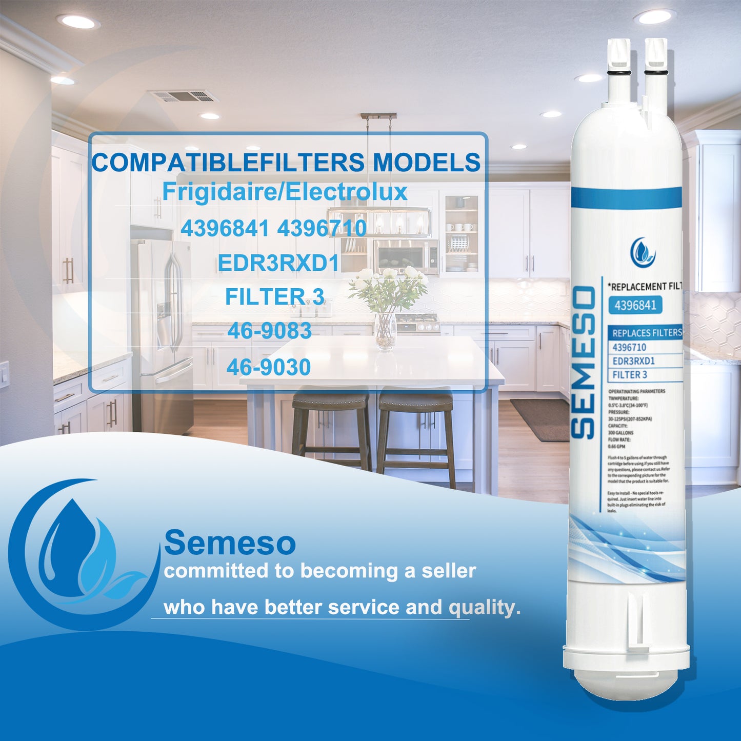 Semeso Replacement Water Filter for 4396841, EDR3RXD1, 4396710, Filter 3, 46-9083,46-9030 Refrigerator Water Filter